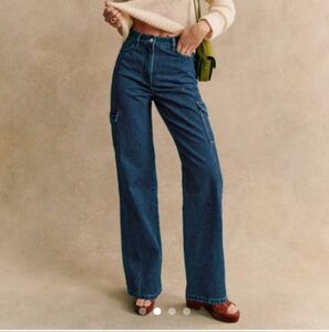 SEZANE Flint Trousers 100% Cotton High Waisted Blue Cargo Jeans, Size 40 (US 8)